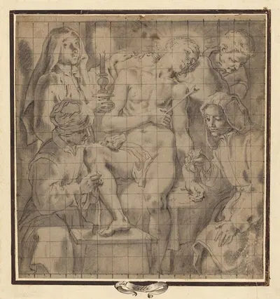 Figures Tending to the Wounded Saint Sebastian by Andrea Lilio, 1596 — digital art print download
