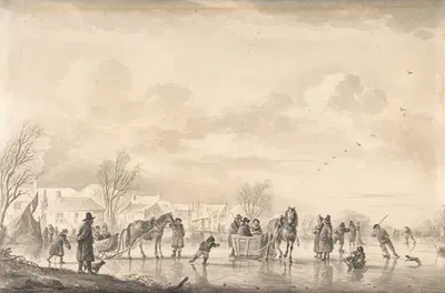 Winter Landscape with Skaters and Horse-Drawn Sledges on the Ice, a Village Below by Андрис Вермеулен — digital art print…