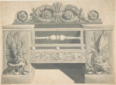 Design for Cast-iron Grate in Rococo Style with Putti Fire Dogs by Бенджамин Дин Уайатт — digital art print download