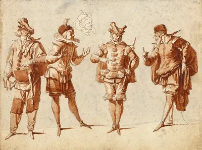 Four Figures in Theatrical Costume by Claude Gillot, 1710 — digital art print download