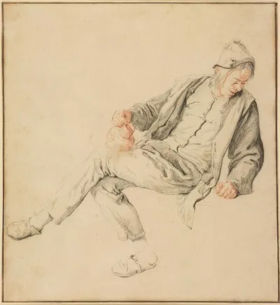 A Seated Peasant Looking Down to the Right, Holding a Pitcher by Cornelis Dusart — digital art print download