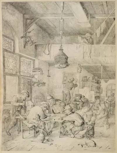 Peasants Playing Backgammon and Merry-making in a Tavern by Корнелис Дюсарт, 1694 — digital art print download