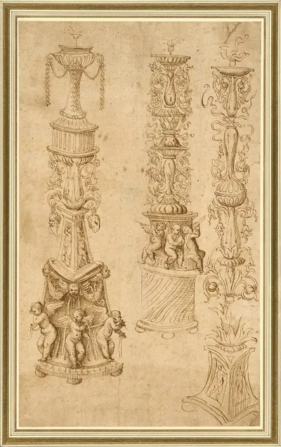 Studies of Three Candlesticks by Domenico Campagnola, 1530–1550 — digital art print download