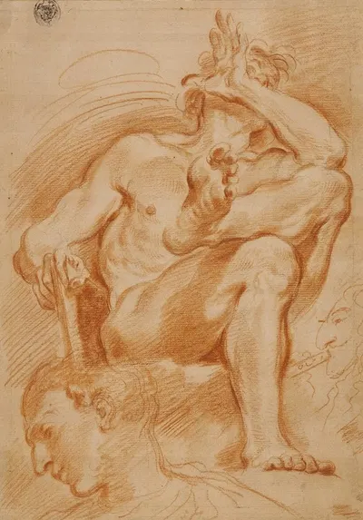 Sheet of Studies; A Seated Nude Man, A Youthful Head and a Caricature Head of a Man Playing a Pipe by Domenico Maria…