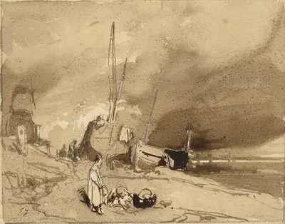 Bord de Plage (Fishing-boats on a beach, storm clouds in the distance) by Эжен Изабе, 1830 — digital art print download