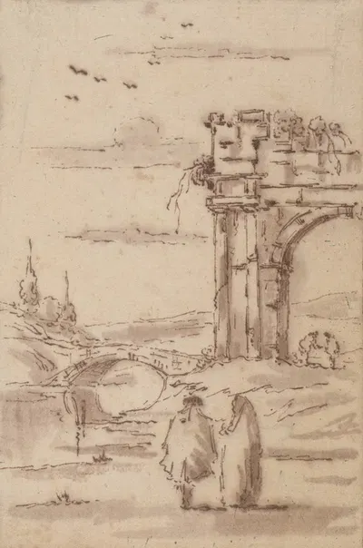 Two Figures in a Landscape with Ruins by Франческо Гуарди — digital art print download