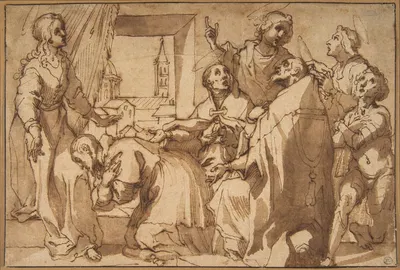 Cardinal Paolo Sfondrato Kneeling Before Saint Cecilia, Accompanied by other Saints by Francesco Vanni, 1563–1610 — digital…