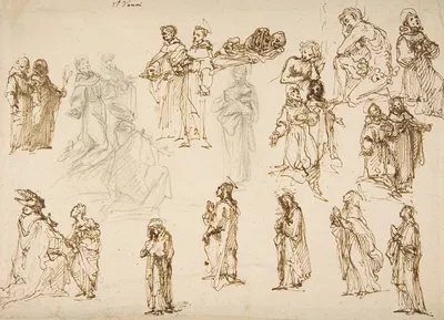 Figure Studies; Standing and Kneeling Clerics and Religious, Adam and Eve, and a Reclining Skeleton by Francesco Vanni —…