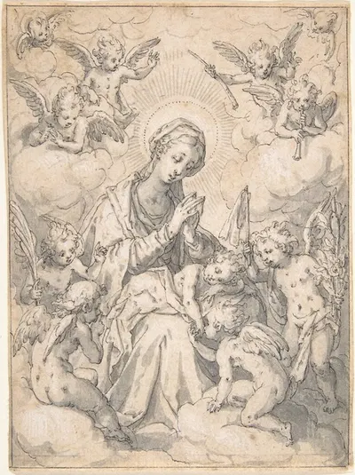 The Virgin and Child Surrounded by Little Angels in the Clouds by Friedrich Sustris — digital art print download