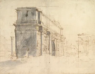 The Arch of Septimius Severus in the Roman Forum, with the Column of Phocas at the Left and the Temple of Saturn at the…