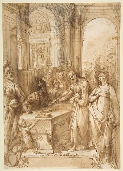 Esther and Mordecai before King Ahasuerus (Esther 8;1- 12) by Giovanni de' Vecchi, 1536–1615 — digital art print download