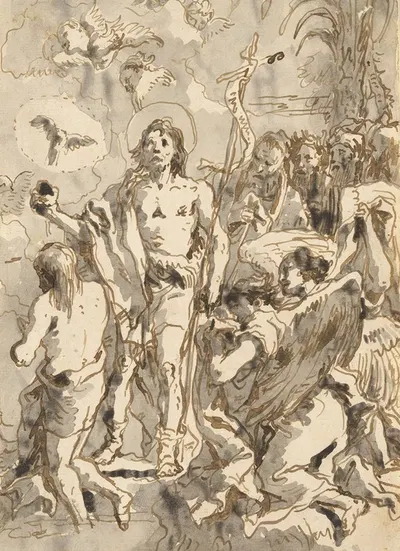 The Baptism of Christ (with Christ Half-Kneeling at Left, His Back Turned, and the Baptist Full-Faced at Center, Looking…