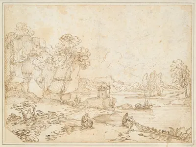 Cliffs at Riverbank with Fishermen by Джованни Франческо Гримальди — digital art print download