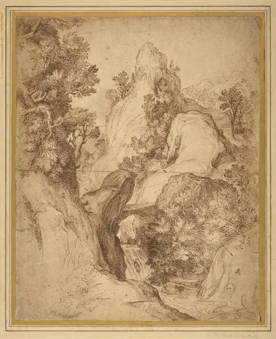 Rocky Landscape with a Waterfall by Girolamo Muziano, 1570–1575 — digital art print download