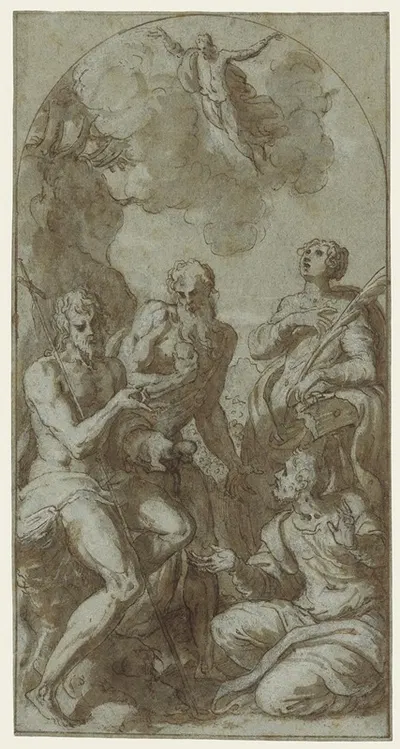 Christ the Saviour above Saints John the Baptist, Jerome, Catherine and Thomas by Giuseppe Porta, 1550–1559 — digital art…