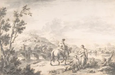 River Landscape with Two Mendicants and Other Figures by Джузеппе Зайс — digital art print download