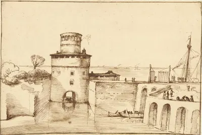 Landscape with a View of a Fortified Port by Guercino, 1635 — digital art print download