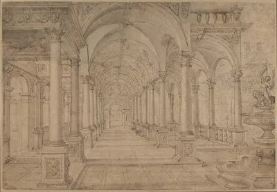 Architectural Capriccio with an Arcade and Fountain in Point Perspective [Study for a Painting of John the Baptist before…
