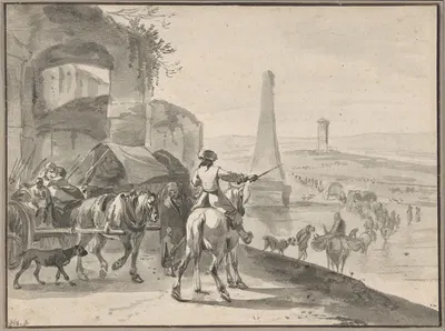 Travellers and wagons fording a river in a Southern landscape by Хендрик Версхуринг — digital art print download