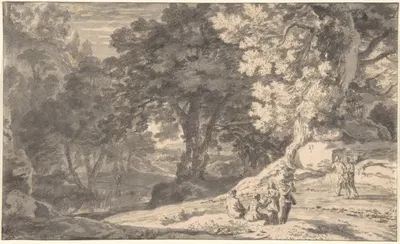 A Wooded Landscape with Travellers by the Roadside, a Stream beyond by Герман ван Свейнвелт — digital art print download