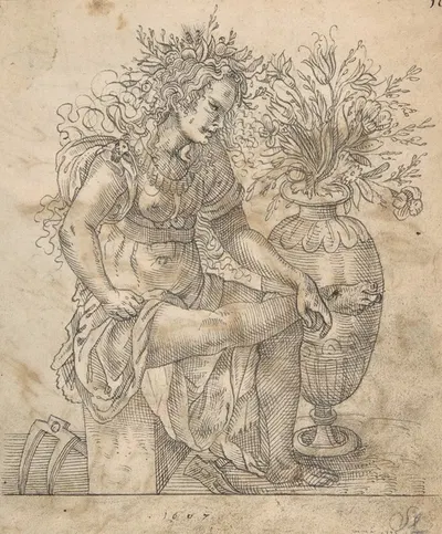 Flora Seated by a Vase with Two Harks on the Ground, after Jost Amman by Hermann Weyer, 1607 — digital art print download