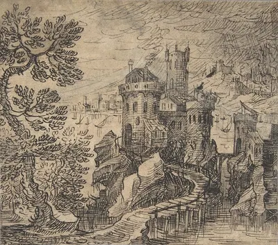 Rocky Landscape with a Castle and Bridge by Hermann Weyer — digital art print download