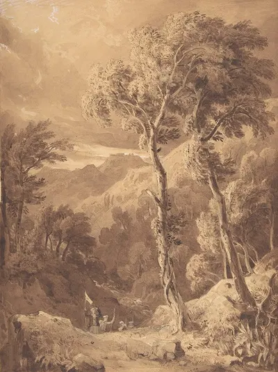 Mountainous Landscape with a Party of Travellers (Scene on the River Pellene Achaia) by Хью Уильям Уильямс — digital art…