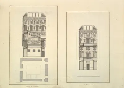 Leaf from Aedes Walpolianae mounted with two drawings (a); Side of the Staircase, Houghton Hall, Norfolk, Elevation; (b);…