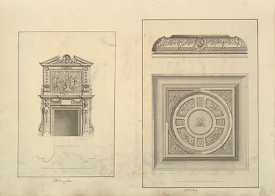 Leaf from Aedes Walpolianae mounted with two drawings; (a); Hall Chimney-Piece, Houghton Hall, Norfolk; (b); Hall Ceiling,…