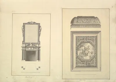 Leaf from Aedes Walpolianae mounted with two drawings; (a); Salon Chimney, Houghton Hall, Norfolk, Elevation; (b); Salon…