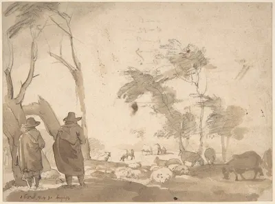 Landscape with Sheep and Two Figures by Якоб ван дер Дос — digital art print download