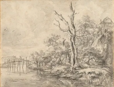 Dead Tree by a Stream at the Foot of a Hill by Якоб ван Руйсдал, 1650–1660 — digital art print download