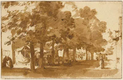 A Market Scene Under Trees in Katwijk op Rijn by Jan de Bisschop — digital art print download