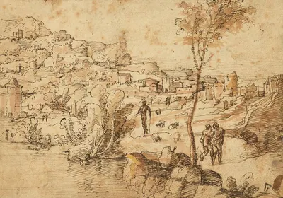 Landscape with Shepherds by a River and a Town Beyond by Ян ван Скорел, 1525–1530 — digital art print download