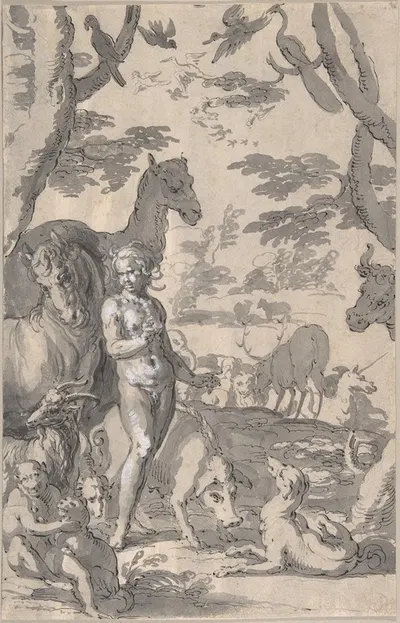 Adam in the Garden of Eden, Naming the Animals by Иоахим Втеваль — digital art print download