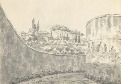 Landscape with a Curved Wall, Round Tower and Distant Villa by Джозеф Райт из Дерби — digital art print download