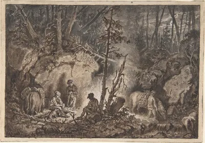 Hunters resting in a forest at night by Килиан Цолль — digital art print download