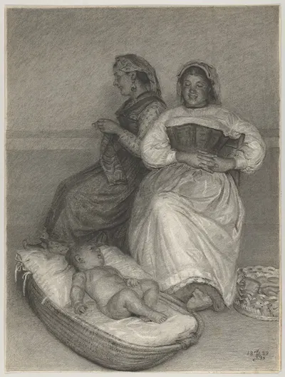 Two Seated Italian Women with a Baby in a Cradle by Кристиан Захртманн, 1889 — digital art print download