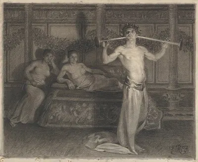 Two Women in an Interior Listening to a Young Musician in Antique Times by Kristian Zahrtmann, 1902 — digital art print…