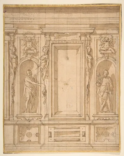 Wall Elevation with a Window and Statues of Saint John the Baptist and Saint Peter in Niches by Lazzaro Tavarone, 1556–1641…
