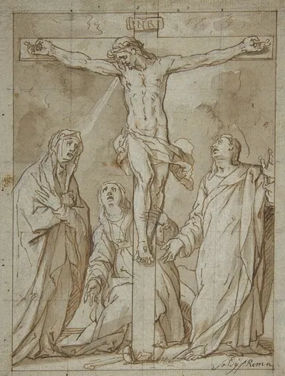 Christ Crucified, Attended by the Virgin, Saint Mary Magdalen, and Saint John the Evangelist by Lazzaro Tavarone, 1556–1641…