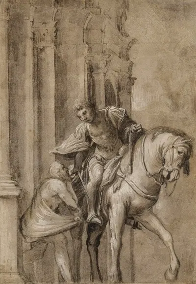 Saint Martin Dividing His Cloak with a Beggar by Лоренцо Лотто, 1530 — digital art print download