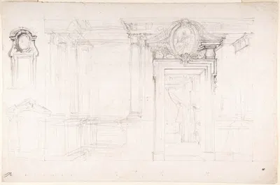 Architectural Sketch for the design of a Wall with Doorway, with two smaller sketches for the design of windows or doorways…