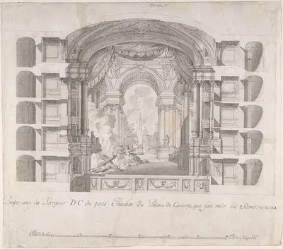 Transverse Section of the Small Theater at the Palace of Caserta, with a View of a Stage Design by Luigi Vanvitelli,…