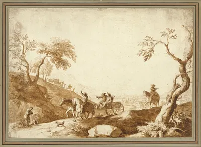 Landscape with Travellers, Two Riding in a Carriage Driven by a Postilion and a Third on Horseback behind by Марко Риччи,…