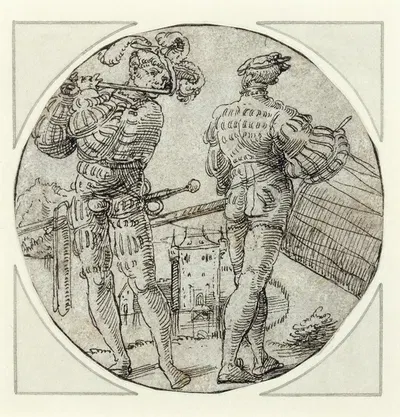 A Flutist and Drummer Before a Moated Castle by Master of the Berlin Roundels, 1515 — digital art print download