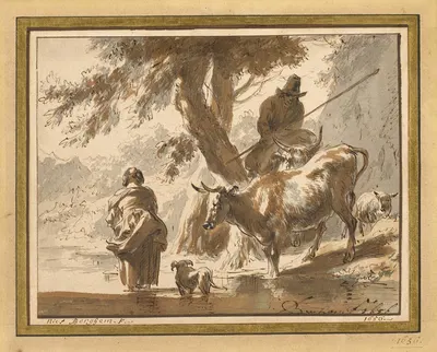 Cows Crossing a Ford with a Couple and a Dog by Nicolaes Pietersz. Berchem, 1656 — digital art print download