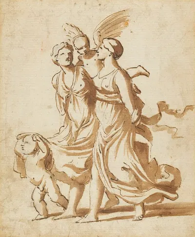 Two Girls Accompanied by Cupid by Николя Пуссен, 1625 — digital art print download