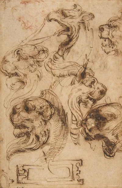 Six Studies of Animal Heads and of a Cartouche by Pellegrino Tibaldi — digital art print download