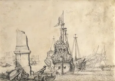 A ship in a port near a ruined obelisk by Pierre Puget, 1675–1680 — digital art print download